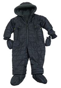 Tmavomodrá melírovaná prešívaná šušťáková zimná kombinéza s kapucí + rukavice a cápačky Mothercare