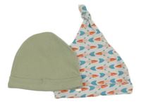 2x - Čepice - Olivová žebrovaná C&A, bílá s raketami