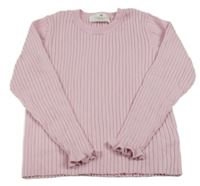 Svetloružový rebrovaný úpletový sveter s volánikmi H&M