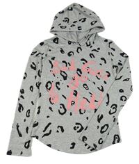 Šedo-černé melírované vzorované úpletové mikinotriko s nápismi a kapucňou