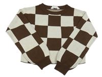 Tmavohnědo-biely kockovaný pletený crop sveter H&M