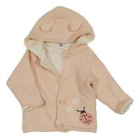 Světlebroskvový propínací podšitý svetr s beruškou a květy a kapucí s oušky dopodopo