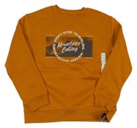 Nové - medová tepláková mikina s nápismi a horami St. Bernard