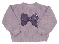 Svetlofialový rebrovaný žinylkový oversize sveter s mašlí flitre H&M