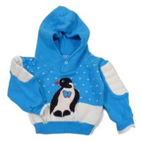 Modro-biely pletený sveter s tučňáčkem a kapucňou St. Bernard