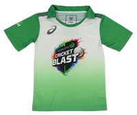 Bielo-zelené športové tričko s potlačou s nápismi a golierikom Asics