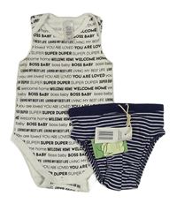 2set - Bílé body s nápisy + tmavomodro-bílé pruhované slipy