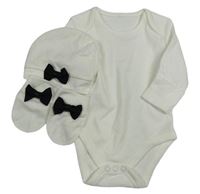 3set - Bílé body + bavlněná čepice s mašlí + rukavičky