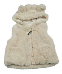 Béžová kožušinová zateplená vesta s kapucňou s uškami Nutmeg