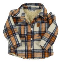 Krémovo-tmavomodro-tehlová kockovaná vlnená zateplená košeľová bunda Ergee