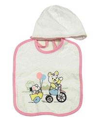 2set - Bílá bavlněná čepice + bílý froté slinták s medvědem a myškou