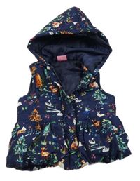 Tmavomodrá šušťáková zateplená vesta so zvířaty a kapucňou