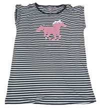 Antracitovo-biele pruhované tričko s koněm z překlápěcích flitrů Yigga