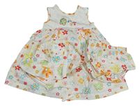 3set - Bílé plátěné šaty s květinami + kalhotky na plenku + klobouk C&A