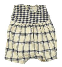 Béžovo-tmavomodrý kostkovaný bavlněný kraťasový overal