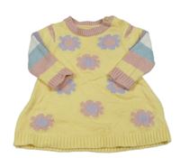 Žluto-barevné svetrové šaty s květy a pruhy na rukávech Nutmeg