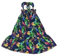 Tmavomodro-farebné šaty s papoušky Next
