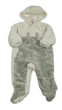 Bielo-sivá plyšová zateplená kombinéza s mačkou a kapucňou C&A