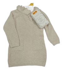 Nové - 2 set - smetanové svetrové šaty + bílé puntíkaté punčocháče Primark