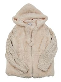 Svetloružová chlpatá podšitá prepínaci mikina s pletenymi rukávy a kapucňou