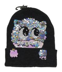 Tmavosivá čapica s kočkou z flitrů