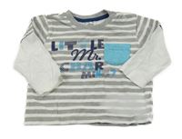 Šedo-bílé pruhované triko s nápisem a kapsou Ergee