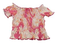 Růžový květovaný žabičkový crop top 