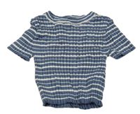 Tmavomodro-biele pruhované rebrované úpletové crop tričko H&M