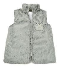 Sivá melírovaná kožušinová podšitá vesta s vlkem