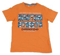 Oranžové tričko s modrým nápisom Yigga