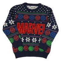 Tmavomodro-bielo-zeleno-červený sveter so superhrdinami  a norským vzorom Marvel
