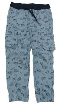 Svetlomodré plátenné cargo cuff nohavice s autami a úpletovým pasom Lupilu