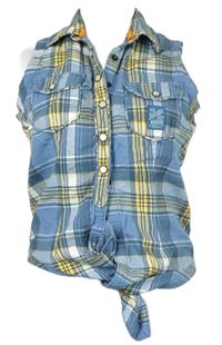 Dámska světlemodro-okrová kockovaná blúzka s uzlom Superdry