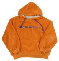 ORanžová huňatá teplá mikina s nápisem a kapucí 