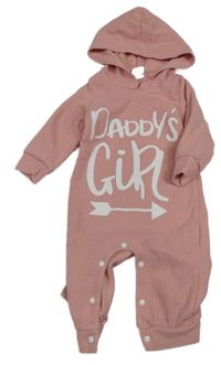 Světlerůžový žebrovaný overal s nápisem a kapucí 