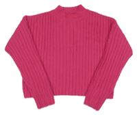 Tmavoružový rebrovaný chlpatý crop sveter Next