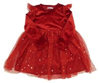 Červené sametovo/tylové šaty s hvězdami a volánky Sinsay