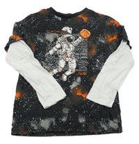 Černo-oranžovo-bílé vzorované triko s kosmonautem F&F