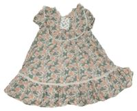 Nové - Bielo-kaki-ružové kvetované šaty s čipkou