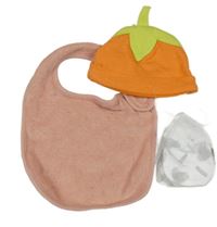 2set - oranžová - dýně + rukavice - nové + ružový froté podbradník