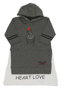 Tmavošedo-biela tepláková šatová tunika s výšivkou, kamienky a kapucňou