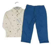 Nové - 2Set - Bílá košile se zvířátky + modré plátěné kalhoty M&S