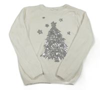 Biely žinylkový sveter so stromkem z flitrů Primark