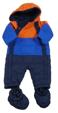 Tmavomodro-safírovo-oranžová šusťáková zimní kombinéza s kapucí + botičky M&S
