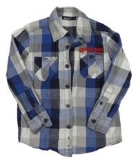 Tmavomodro-šedo-bílá kostkovaná košile s nápisem 