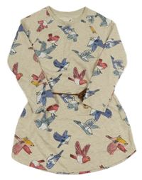 Béžové teplákové šaty s ptáčky a páskem  H&M