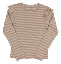 Světlerůžovo-béžové pruhované žebrované triko s volánky Sinsay