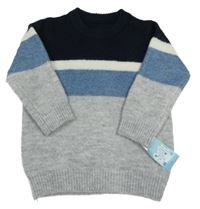 Nové - Šedo-modro-tmavomodrý pruhovaný svetr Matalan 