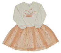 Bielo-broskvové teplákovo/tylové šaty s korunkou Lupilu