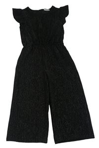 Černo-stříbrný pruhovaný žebrovaný sametový kalhotový culottes slavnostní overal Matalan